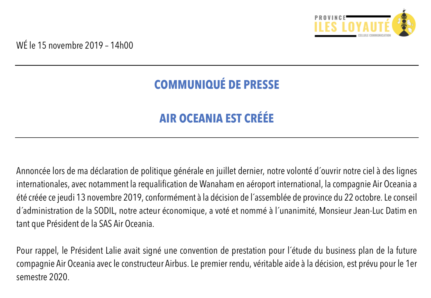 COMMUNIQUÉ DE PRESSE - 15NOV2019